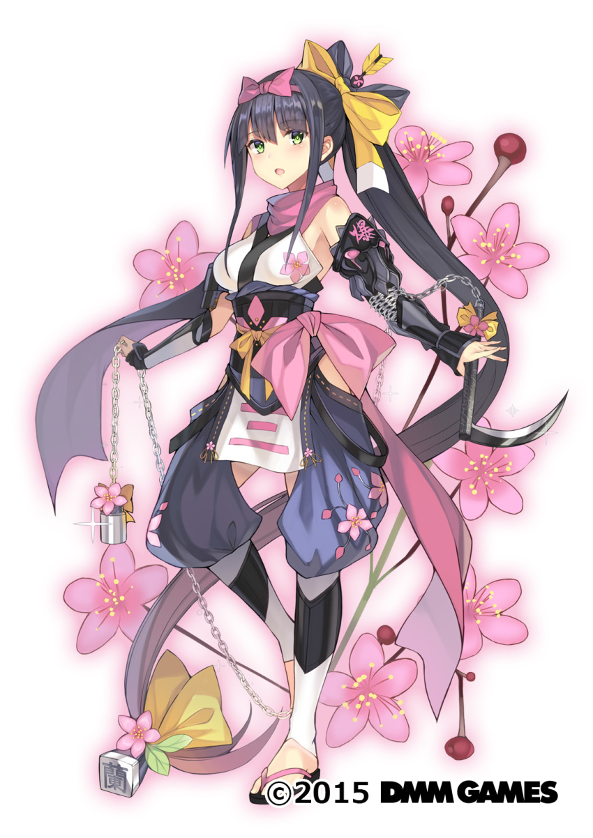 absurdly_long_hair black_hair bow bow-shaped_hair chains chaps copyright_name corset dmm dreamlight2000 female floral_background flower flower_knight_girl full_body gauntlets green_eyes hair_flower hair_ornament hairbow hazeran_(flower_knight_girl) highres huge_bow kanji_hair_ornament kusarigama long_hair looking_at_viewer low-tied_long_hair multiple_hair_bows name_connection ninja object_namesake official_art pink_bow ponytail sandals scarf sickle solo standing very_long_hair waist_bow weapon white_background yellow_bow