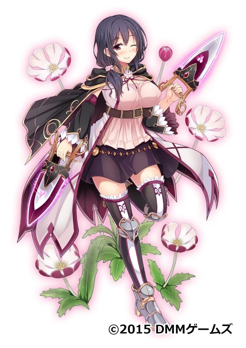 belt black_hair breasts cape copyright_name dagger dmm female flower_knight_girl full_body highres holding holding_weapon jamadhar knife large_breasts looking_at_viewer night_phlox_(flower_knight_girl) official_art one_eye_closed purple_eyes skirt smile standing utsurogi_akira weapon white_background