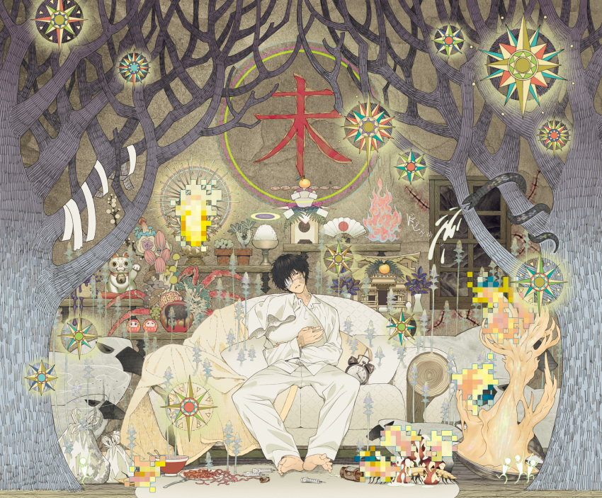 all_male animal bandaid barefoot black_hair couch eyepatch fan food fruit honya_lala male original shirt short_hair shrine snake tree