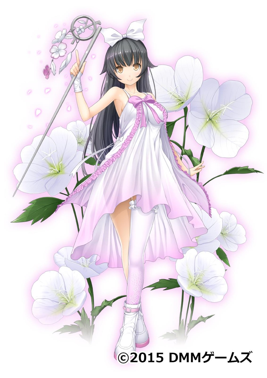 2015 asymmetrical_legwear black_hair bow bridal_gauntlets brown_eyes closed_mouth company_name copyright_name copyright_notice crossed_legs dmm dot_nose dress female floral_background flower flower_knight_girl full_body hairbow heart highres holding holding_weapon kintarou_(kintarou's_room) long_hair looking_at_viewer name_connection nightgown object_namesake oenothera_(flower) official_art petals pink_bow single_thighhigh sleeveless sleeveless_dress smile solo thighhighs tsukimisou_(flower_knight_girl) twitter_username watson_cross weapon white_background white_bow white_dress white_flower white_footwear