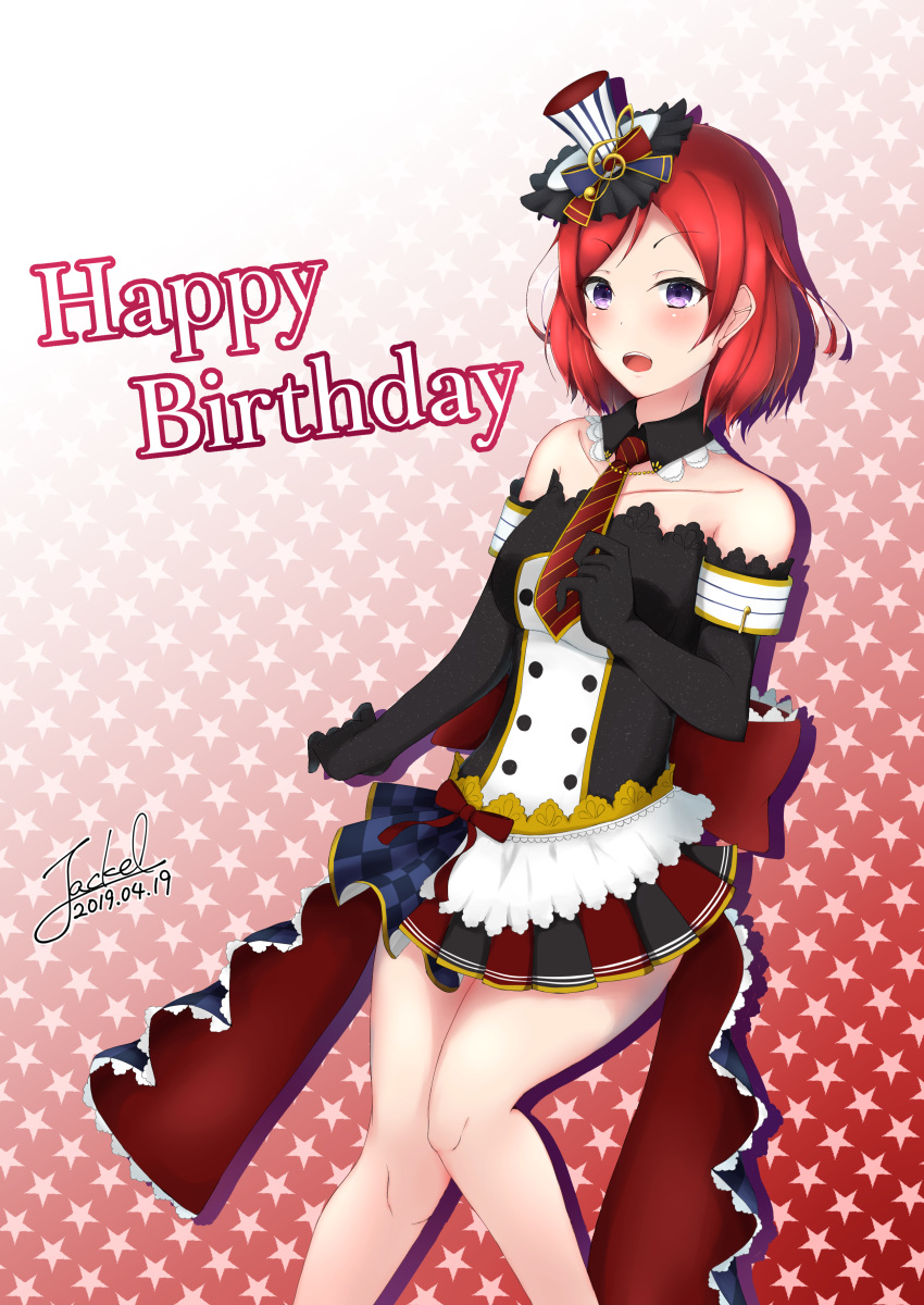 10s absurdres artist_request bare_shoulders birthday black_gloves blush cafe_maid elbow_gloves female female flower gloves happy_birthday hat highres looking_at_viewer love_live! love_live!_school_idol_festival love_live!_school_idol_project mini_hat necktie nishikino_maki purple_eyes red_flower red_hair short_necktie smile solo standing