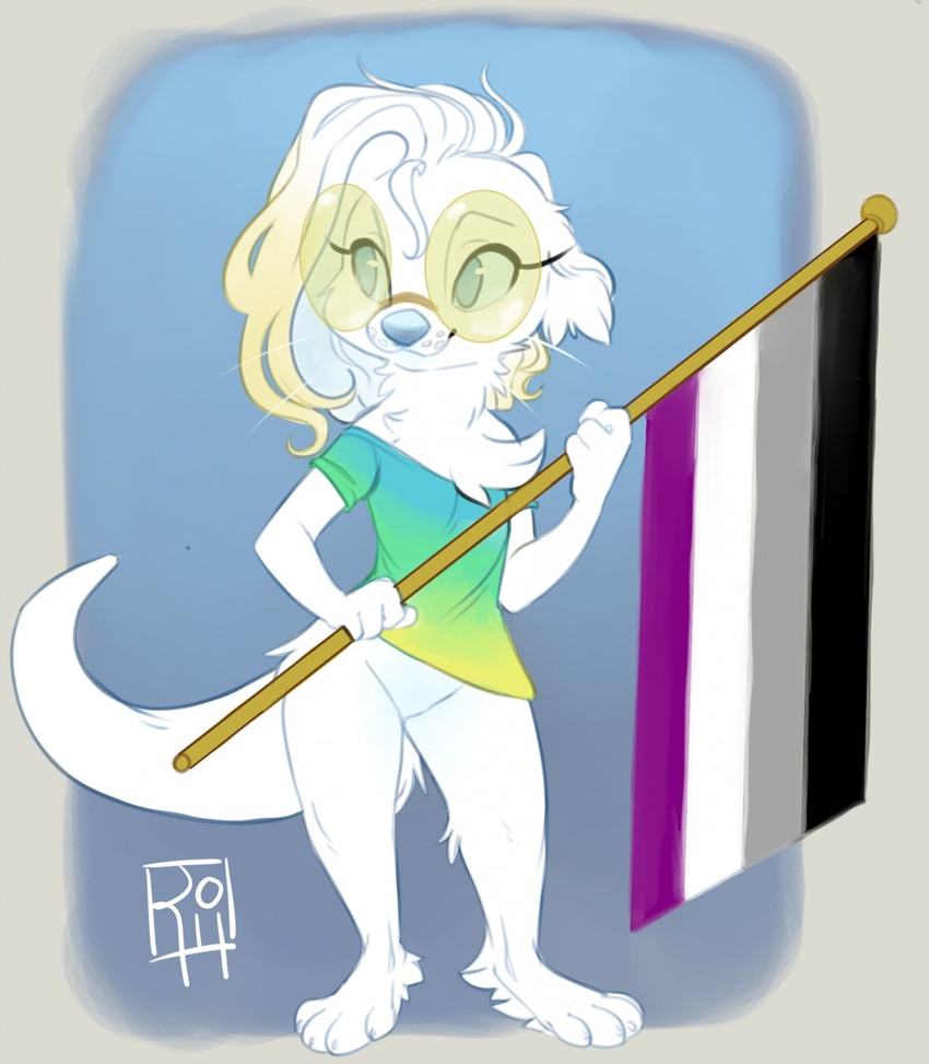 2020 4_fingers 4_toes albino alternate_species anthro asexual_pride_colors blonde_hair blue_eyes bottomless clothed clothing digital_media_(artwork) eyewear feet female fingers flag flag_(object) fur glasses hair hi_res holding_flag holding_object honey_(thegrapedemon) lgbt_pride mammal multicolored_hair mustelid otter pride_color_flag pride_colors reign-2004 solo standing toes two_tone_hair whiskers white_body white_fur white_hair