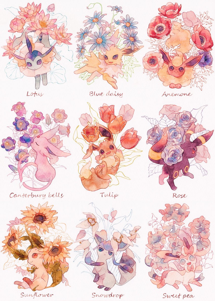 :< anemone_(flower) artistic_error bellflower blue_eyes blue_flower blue_rose brown_eyes bud closed_eyes closed_mouth daisy eevee espeon evolutionary_line flareon flower glaceon highres jolteon leafeon looking_at_viewer looking_back lotus lotus_leaf multicolored_flower no_humans oharu-chan open_mouth orange_flower orange_tulip painting_(medium) pale_color pink_flower pokemon pokemon_(creature) prehensile_ribbon purple_flower red_flower red_tulip rose smile snowdrop_(flower) sunflower sweet_pea sylveon toes traditional_media tulip umbreon vaporeon water_lily_flower watercolor_(medium) white_background white_flower