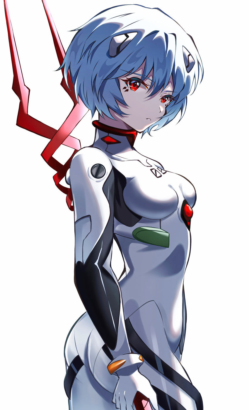 absurdres ayanami_rei bident blue_hair bodysuit breasts cowboy_shot female from_side hair_between_eyes highres holding holding_polearm holding_weapon lance_of_longinus_(evangelion) looking_at_viewer looking_to_the_side neon_genesis_evangelion parted_lips pension_z plugsuit polearm red_eyes short_hair sidelocks solo standing weapon white_background