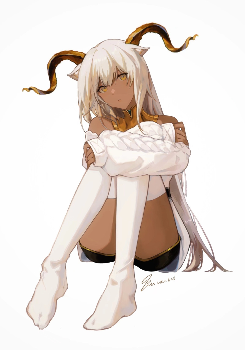 16400526 animal_ears arknights beeswax_(arknights) beeswax_(weisser_sand)_(arknights) black_shorts cardigan closed_mouth commentary crossed_arms curled_horns dark-skinned_female dark_skin dated expressionless female full_body goat_ears goat_girl goat_horns hair_between_eyes head_tilt highres horns long_hair looking_at_viewer off_shoulder official_alternate_costume short_shorts shorts signature simple_background sitting solo symbol-only_commentary thighhighs thighs white_background white_cardigan white_hair white_thighhighs yellow_eyes