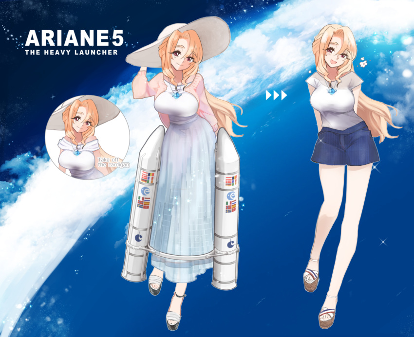 :d ajisai-san_(pokkusu) ariane_5 ariane_5_(project_rocket_girls) arianespace arms_behind_back austrian_flag belgian_flag blonde_hair breasts brown_eyes cardigan character_name cloud danish_flag dress dutch_flag english_text european_space_agency female flag_print framed_breasts france french_flag german_flag hand_up hat head_tilt irish_flag italian_flag jewelry large_breasts long_legs looking_at_viewer multicolored_clothes multicolored_dress necklace ocean open_cardigan open_clothes open_mouth pendant pink_cardigan platform_footwear print_shirt print_shorts project_rocket_girls ringlets rocket sandals see-through shirt shirt_tucked_in short_sleeves shorts sidelocks smile space split_mouth star_(sky) sun_hat swedish_flag swept_bangs swiss_flag t-shirt tall_female v-neck wavy_hair