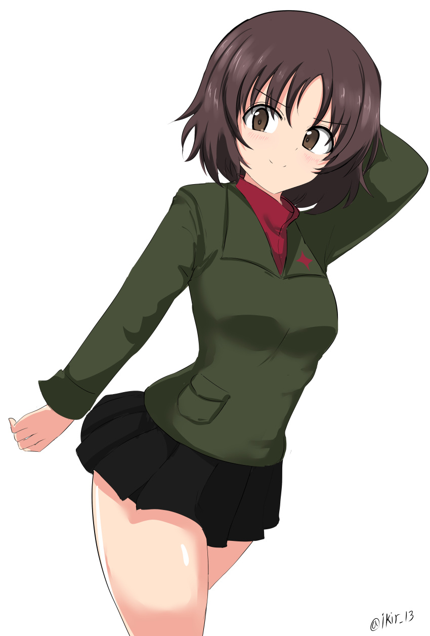 absurdres aikir_(jml5160) alina_(girls_und_panzer) arm_behind_head arm_up black_skirt brown_eyes brown_hair closed_mouth commentary cowboy_shot cropped_legs dutch_angle female girls_und_panzer green_jacket highres insignia jacket long_sleeves looking_at_viewer miniskirt one-hour_drawing_challenge pleated_skirt pravda_school_uniform red_shirt school_uniform shirt short_hair simple_background skirt smile solo standing turtleneck twitter_username white_background