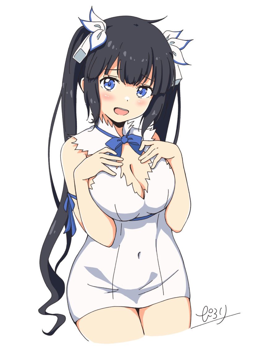 :d black_hair blue_eyes blue_ribbon breasts cleavage_cutout clothing_cutout commentary dress dungeon_ni_deai_wo_motomeru_no_wa_machigatteiru_darou_ka female hestia_(danmachi) highres large_breasts long_hair open_mouth pilolimaru rei_no_himo ribbon signature simple_background smile solo teeth twintails upper_teeth_only white_background white_dress