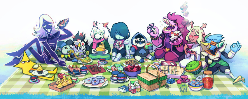 1other 2girls 6+boys absurdres antlers beak berdly_(deltarune) burger chalk commentary cookie cup cupcake deltarune eating english_commentary food furry furry_female furry_male glasses goat_horns heterochromatic_eyewear highres horns jevil juice_box ketrindarkdragon kris_(deltarune) lancer_(deltarune) monster_boy multiple_boys multiple_girls noelle_holiday picnic picnic_basket ralsei reindeer_antlers round_eyewear rouxls_kaard sandwich sharp_teeth sitting smile spamton_g._spamton susie_(deltarune) teacup teeth the_original_starwalker