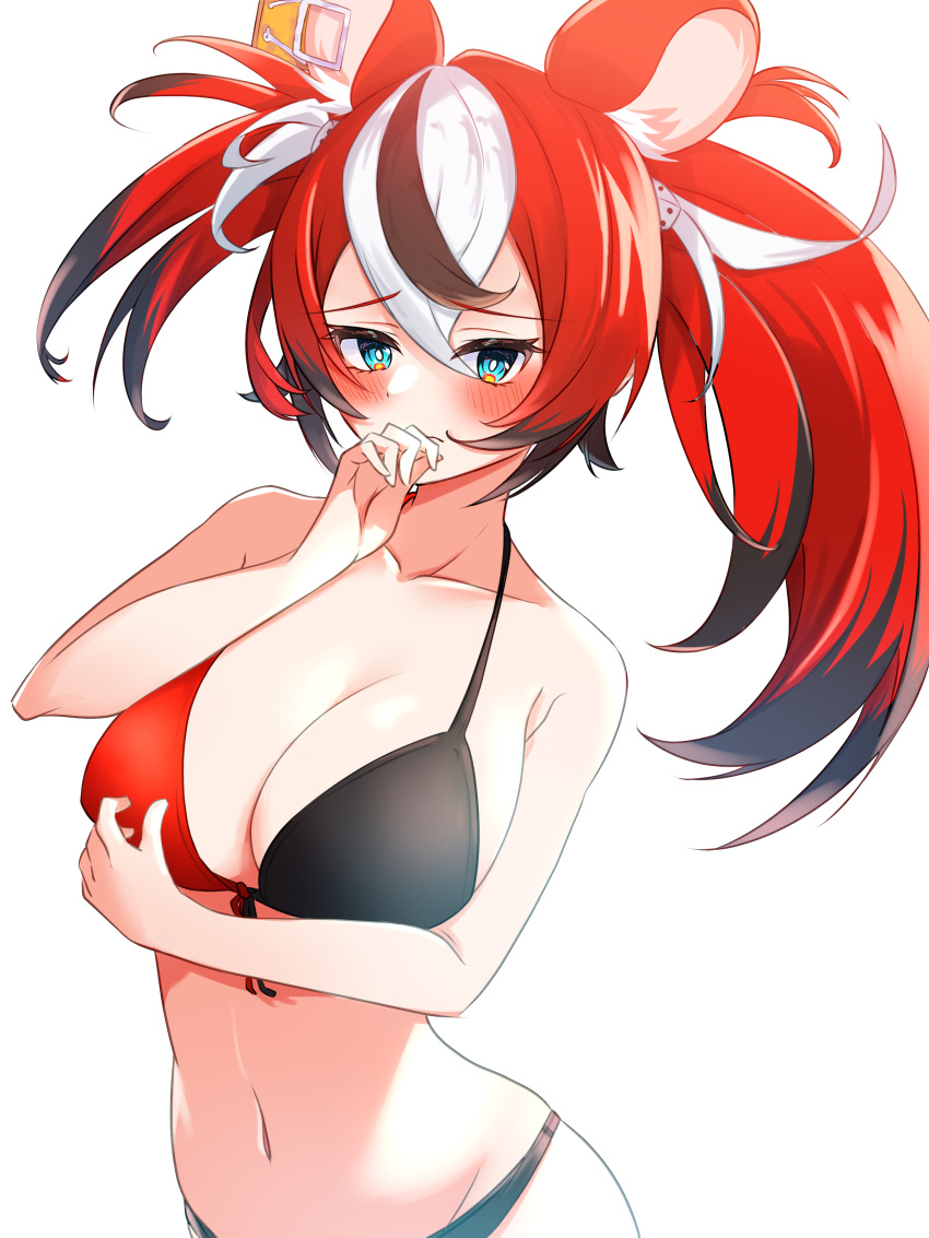 absurdres animal_ears asymmetrical_hair bad_id bad_twitter_id bikini black_hair blue_eyes blush breasts chillout_tang cleavage closed_mouth collarbone covered_mouth dice dice_hair_ornament dot_nose english_commentary female hair_ornament hakos_baelz hand_to_own_mouth highres hololive hololive_english large_breasts mouse_ears mouse_girl mousetrap multicolored_hair navel raised_eyebrows red_hair simple_background solo stomach streaked_hair swimsuit twintails two-tone_bikini virtual_youtuber white_background white_hair