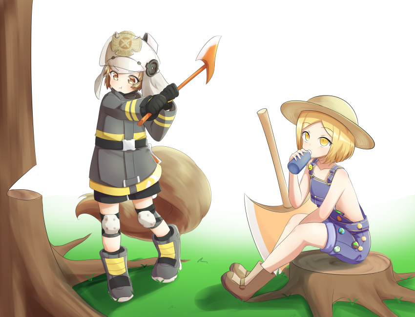 2girls :t absurdres arknights axe badge black_gloves blonde_hair boots bottle brown_footwear brown_hair brown_headwear button_badge chopping coat crossover drinking fate/grand_order fate_(series) gloves grass grey_coat grey_footwear hat highres holding holding_axe holding_bottle klaius knee_pads lumberjack medium_hair multiple_girls naked_overalls overalls parted_bangs paul_bunyan_(fate) paul_bunyan_(third_ascension)_(fate) purple_overalls shaw_(arknights) sitting standing tail trait_connection tree tree_stump two-handed weapon_connection white_background yellow_eyes