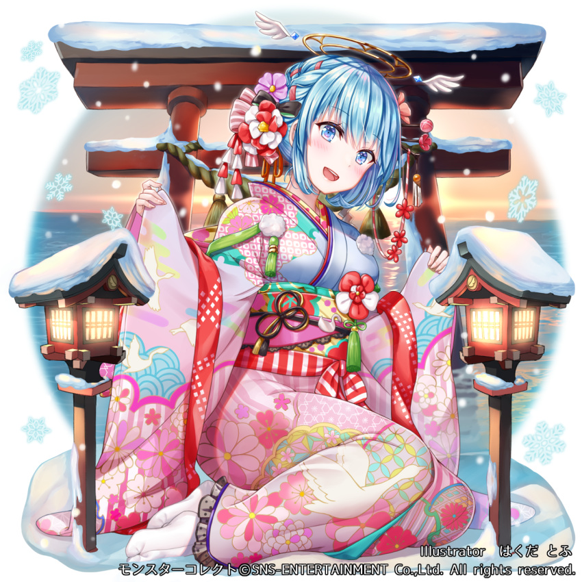 :d angel angel_wings blue_eyes blue_hair blush breasts character_request company_name fantasy feathered_wings female floral_print flower full_body hair_ornament hakuda_tofu halo hands_up highres japanese_clothes kimono lantern long_sleeves looking_at_viewer monster_collect new_year obi official_art open_mouth pinching_sleeves sandals sash short_hair sitting smile snow socks solo tabi torii w_arms watermark white_socks wide_sleeves wings yokozuwari