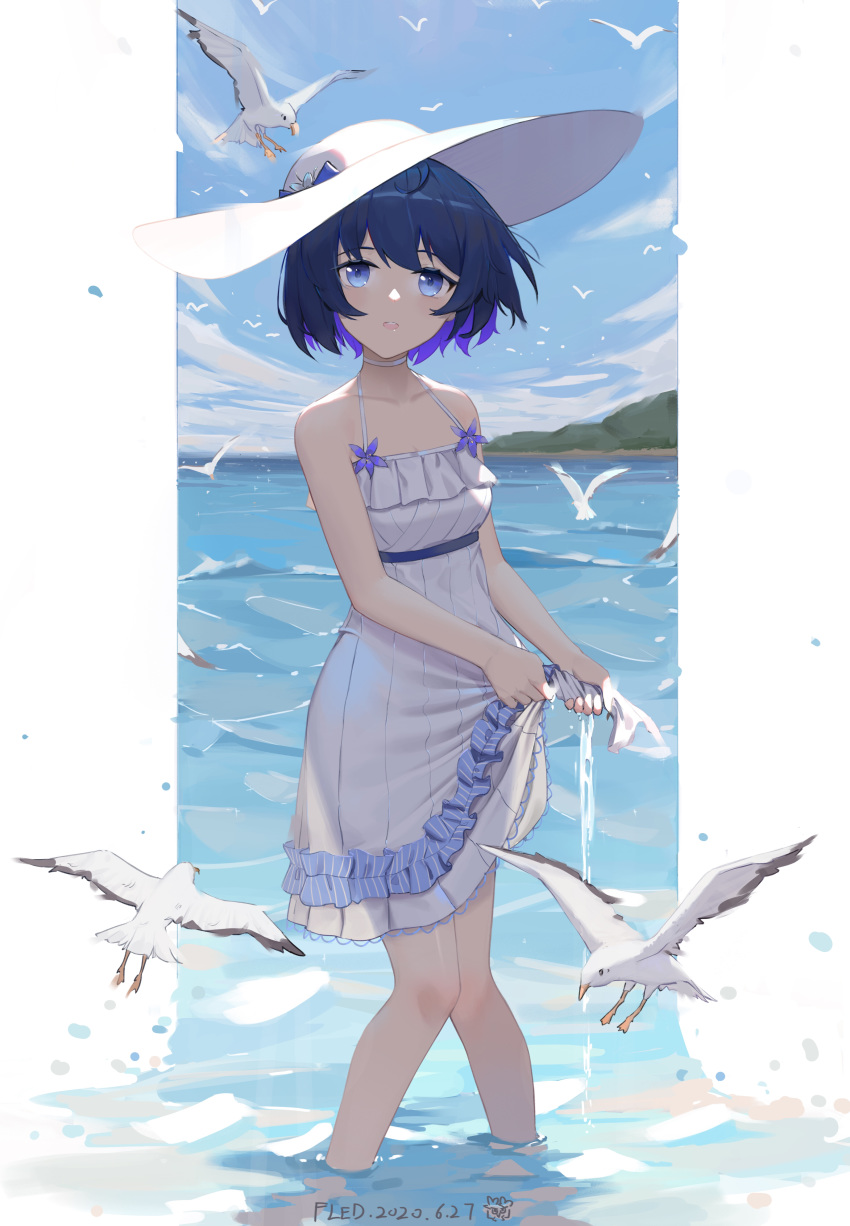 absurdres artist_name backlighting bare_arms bare_shoulders bird black_hair blue_eyes blue_hair blue_sky commentary dated day dress female fled frilled_dress frills halter_dress halterneck hat highres honkai_(series) honkai_impact_3rd looking_at_viewer multicolored_hair ocean open_mouth outdoors seagull seele_vollerei short_hair sky sleeveless sleeveless_dress solo standing sun_hat two-tone_hair wading wet wet_clothes wet_dress white_dress white_hat wringing_clothes wringing_dress