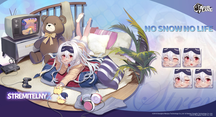 :p azur_lane bird brown_cardigan cardigan character_name chick closed_eyes collared_dress commentary controller copyright_name cushion dress english_commentary expressions feet female fur-trimmed_headwear fur_trim game_console game_controller hair_between_eyes hat headphones highres huoyi_(zzh100200) indoors long_hair long_sleeves looking_at_viewer lying manjuu_(azur_lane) mask mask_on_head official_alternate_costume official_art on_stomach one_eye_closed open_mouth promotional_art red_eyes second-party_source sleep_mask smile solo stremitelny_(azur_lane) stremitelny_(no_snow_no_life)_(azur_lane) stuffed_animal stuffed_toy teddy_bear teeth tongue tongue_out white_dress white_hair