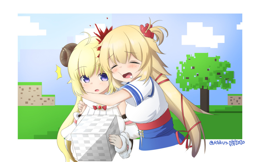 2girls :o ^^^ ahoge akai_haato akai_haato_(1st_costume) animal_ears arms_around_neck bare_shoulders blonde_hair blood blush border breasts closed_eyes dated drooling hair_ornament heart heart_hair_ornament highres holding hololive horns klaius large_breasts long_hair minecraft multiple_girls one_side_up purple_eyes sheep_ears sheep_girl sheep_horns tree tsunomaki_watame tsunomaki_watame_(1st_costume) twitter_username virtual_youtuber white_border