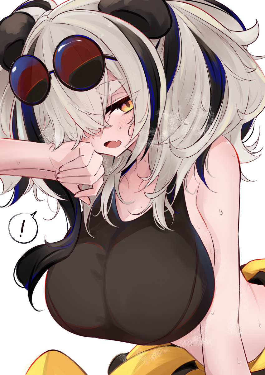 ! absurdres animal_ears arknights black_hair black_sports_bra breasts clothes_around_waist commentary_request eyewear_on_head feater_(arknights) feater_(dojo_star)_(arknights) female grey_hair highres jacket jacket_around_waist large_breasts leaning_forward long_hair looking_at_viewer multicolored_hair oerba_yun_fang official_alternate_costume ohichi16 open_mouth paid_reward_available panda_ears red-tinted_eyewear round_eyewear skin_fang solo spoken_exclamation_mark sports_bra streaked_hair sunglasses sweat tinted_eyewear twintails very_sweaty wiping_sweat yellow_eyes yellow_jacket