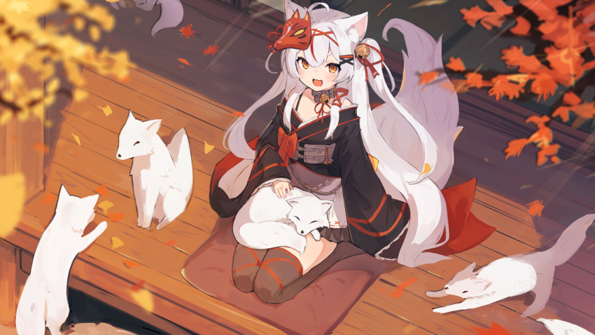 :3 ahoge animal_ears animal_on_lap autumn autumn_leaves bell black_kimono black_thighhighs bow collar commentary commission female fox fox_ears fox_girl fox_mask fox_tail from_above full_body hair_bell hair_ornament hair_ribbon hairclip indie_virtual_youtuber japanese_clothes jingle_bell kamiko_kana kimono lansane long_hair mask mask_on_head multicolored_hair neck_bell off_shoulder on_lap open_mouth outdoors ribbon seiza sitting skeb_commission sliding_doors solo streaked_hair tail thighhighs two_side_up virtual_youtuber white_hair x_hair_ornament yellow_eyes