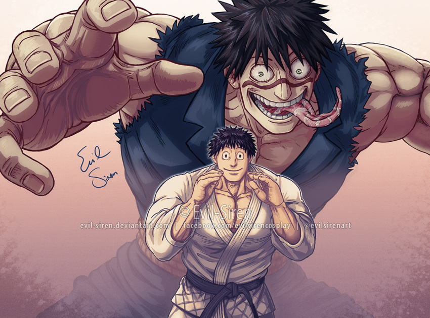 2boys belt black_belt black_hair crazy_eyes deviantart_username dougi english_commentary evil-siren facebook_username fighting_stance gradient gradient_background green_eyes hands hayami_masaki kengan_ashura kengan_omega long_tongue meguro_masaki multiple_boys muscular muscular_male no_pupils open_mouth short_hair signature sleeveless smile teeth tongue torn_clothes twitter_username upper_body