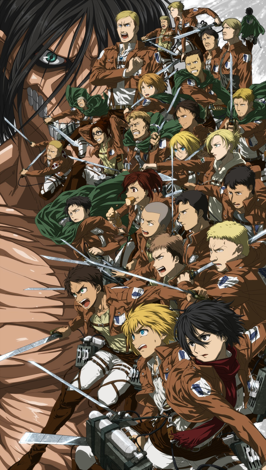 6+boys 6+girls absurdres annie_leonhart aquiline_nose armin_arlert auruo_bossard bertolt_hoover black_hair blonde_hair brown_hair capelet character_request connie_springer cropped_jacket dark-skinned_male dark_skin erd_gin eren_yeager erwin_smith everyone fighting_stance frown gelgar_(shingeki_no_kyojin) giant giant_male green_capelet gunter_shulz hange_zoe hannes_(shingeki_no_kyojin) highres jacket jean_kirstein krista_lenz leather leather_jacket levi_(shingeki_no_kyojin) male_focus marco_bott mikasa_ackerman mike_zakarius multiple_boys multiple_girls nanaba pants paradis_military_uniform petra_ral reiner_braun rogue_titan sasha_blouse shingeki_no_kyojin short_hair thomas_(shingeki_no_kyojin) three-dimensional_maneuver_gear titan_(shingeki_no_kyojin) white_pants ymir_(shingeki_no_kyojin) zyunya