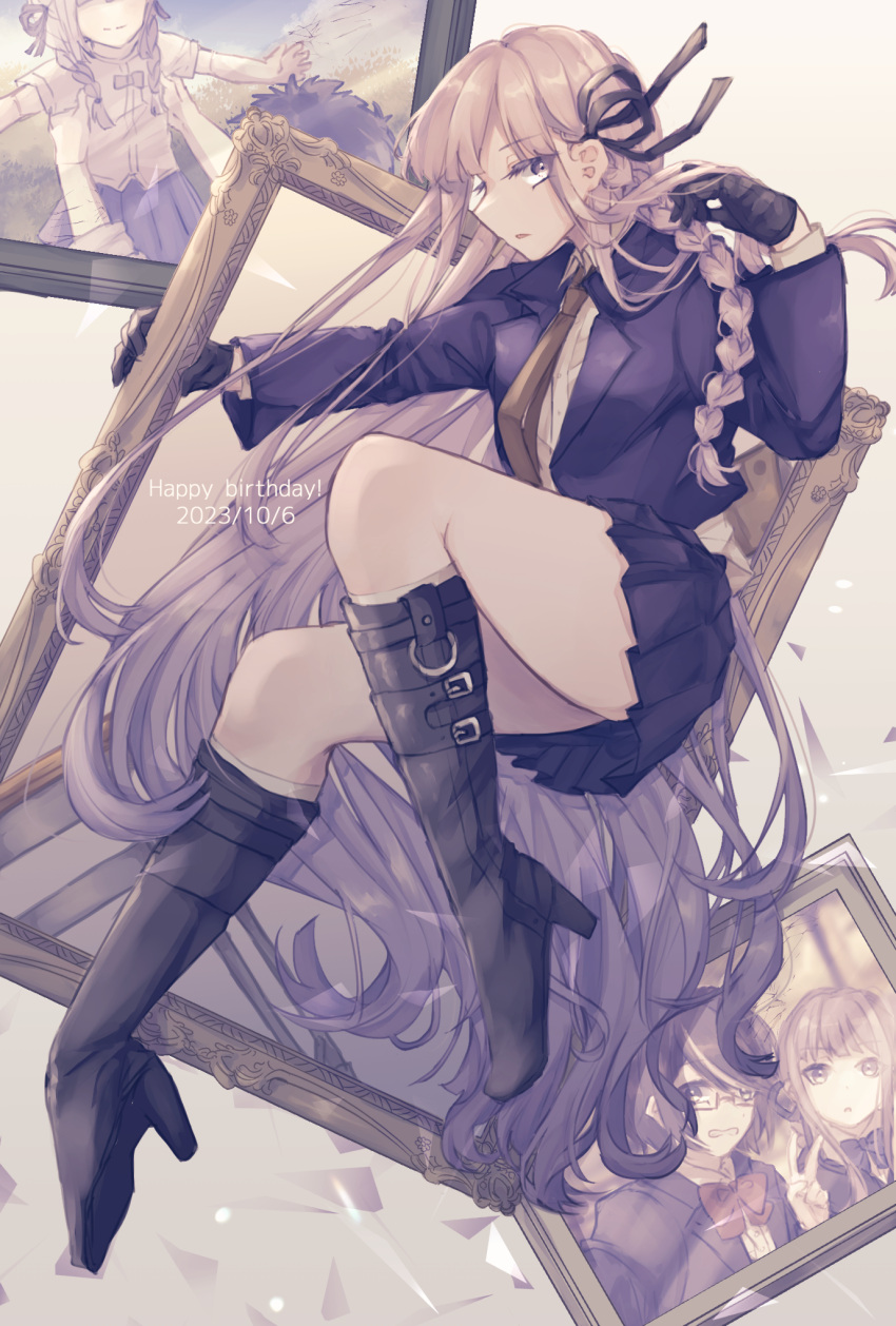 :o black_footwear black_gloves black_ribbon black_skirt boots brown_necktie danganronpa_(series) danganronpa_kirigiri dated female gloves hair_ribbon happy_birthday high_heel_boots high_heels highres holding jacket kirigiri_jin kirigiri_kyoko knee_boots long_sleeves necktie open_clothes open_jacket pleated_skirt portrait_(object) ribbon samidare_yui skirt yukiusagi_(yukiusa)