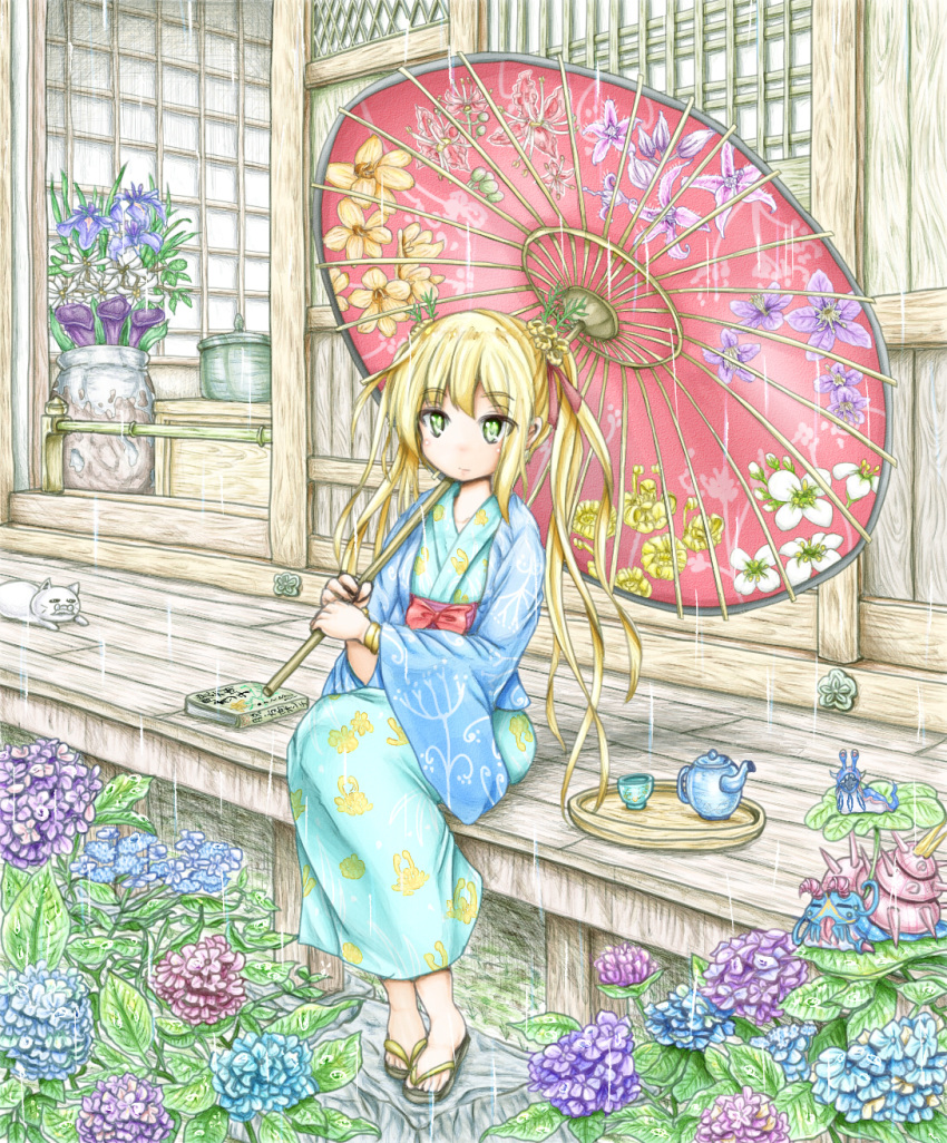 architecture blonde_hair commentary_request cup east_asian_architecture expressionless feline female fennel_(flower_knight_girl) floral_print flower flower_knight_girl fusuma green_eyes highres holding hydrangea japanese_clothes kimono leaf long_hair looking_at_viewer obi oil-paper_umbrella plant potted_plant rain sandals sash sitting sliding_doors solo teacup teapot thick_eyebrows tray twintails umbrella veranda very_long_hair ys_(ytoskyoku-57) yukata