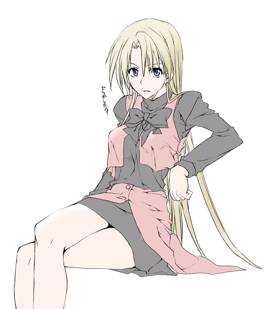 blonde_hair blue_eyes bow bowtie chelsea_rorec commentary_request crossed_legs elf_(stroll_in_the_woods) female highres invisible_chair sitting solo tokyo_underground translated white_background