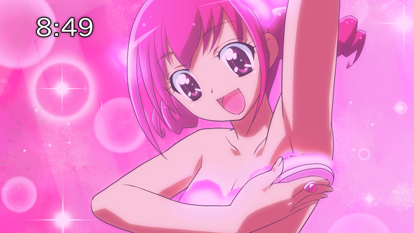 arm_up armpits commentary_request fake_screenshot farge female hoshizora_miyuki open_mouth photoshop_(medium) pink_background pink_eyes pink_hair pink_theme powder_puff precure smile smile_precure solo transformation