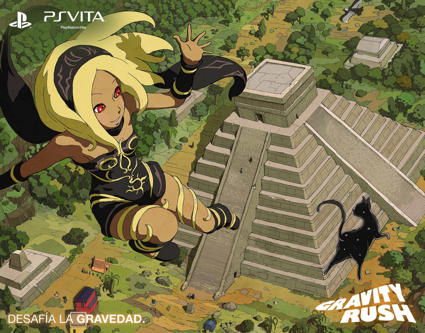 animal architecture black_cat blonde_hair chichen_itza choker dark-skinned_female dark_skin dress dusty_(gravity_daze) el_castillo feline female floating flying gravity_daze hairband highres kitten_(gravity_daze) leg_ribbon long_hair maya_(culture) mexico official_art pre-columbian_architecture pyramid_(structure) red_eyes ribbon ruins scarf solo spanish_text strapless strapless_dress temple thigh_ribbon translated vambraces yucatan