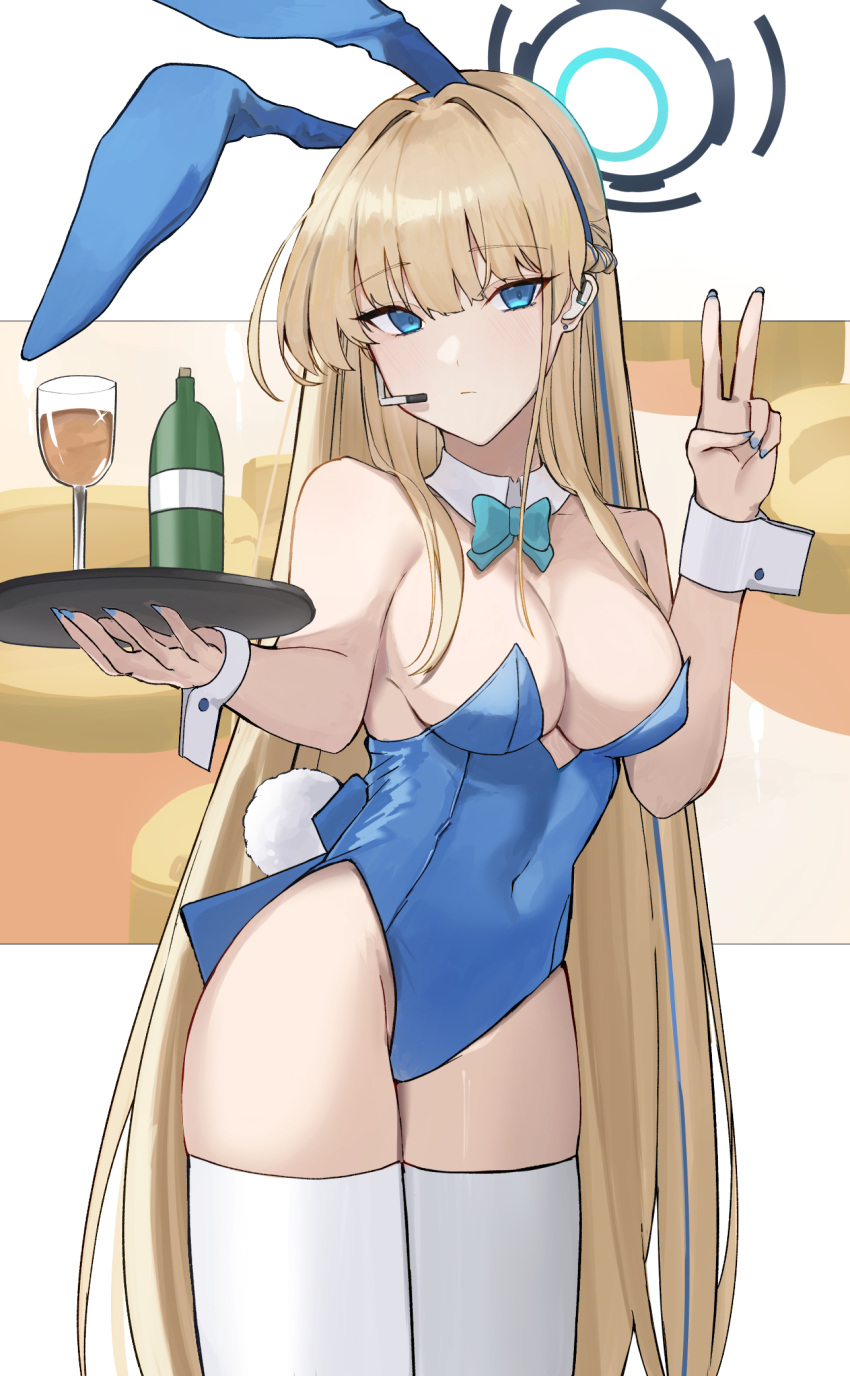 animal_ears bare_shoulders blonde_hair blue_archive blue_eyes blue_halo blue_leotard bottle breasts covered_navel cowboy_shot detached_collar fake_animal_ears fake_tail female halo highres holding holding_tray leotard long_hair looking_at_viewer medium_breasts official_alternate_costume playboy_bunny rabbit_ears ref_(pmxt4483) solo strapless strapless_leotard tail thighhighs toki_(blue_archive) toki_(bunny)_(blue_archive) tray v white_thighhighs wrist_cuffs