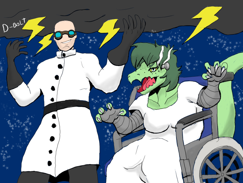 2023 4:3 anthro bald bandage baryonyx cavemanon_studios claws clothing coat cosplay costume digital_drawing_(artwork) digital_media_(artwork) dinosaur disability duo extinct eyewear female fingers frankenstein freckles gloves goggles green_body green_hair green_scales grey_eyes hair halloween handwear hi_res holidays human i_wani_hug_that_gator inco_(iwhtg) lab_coat light-skinned_male light_body light_skin long_tail mad_scientist male mammal olivia_halford open_mouth paraplegic prehistoric_species reptile scales scalie signature silentk06814104 simple_background sitting smile snout spinosaurid tail theropod tongue topwear vehicle wheelchair yellow_sclera