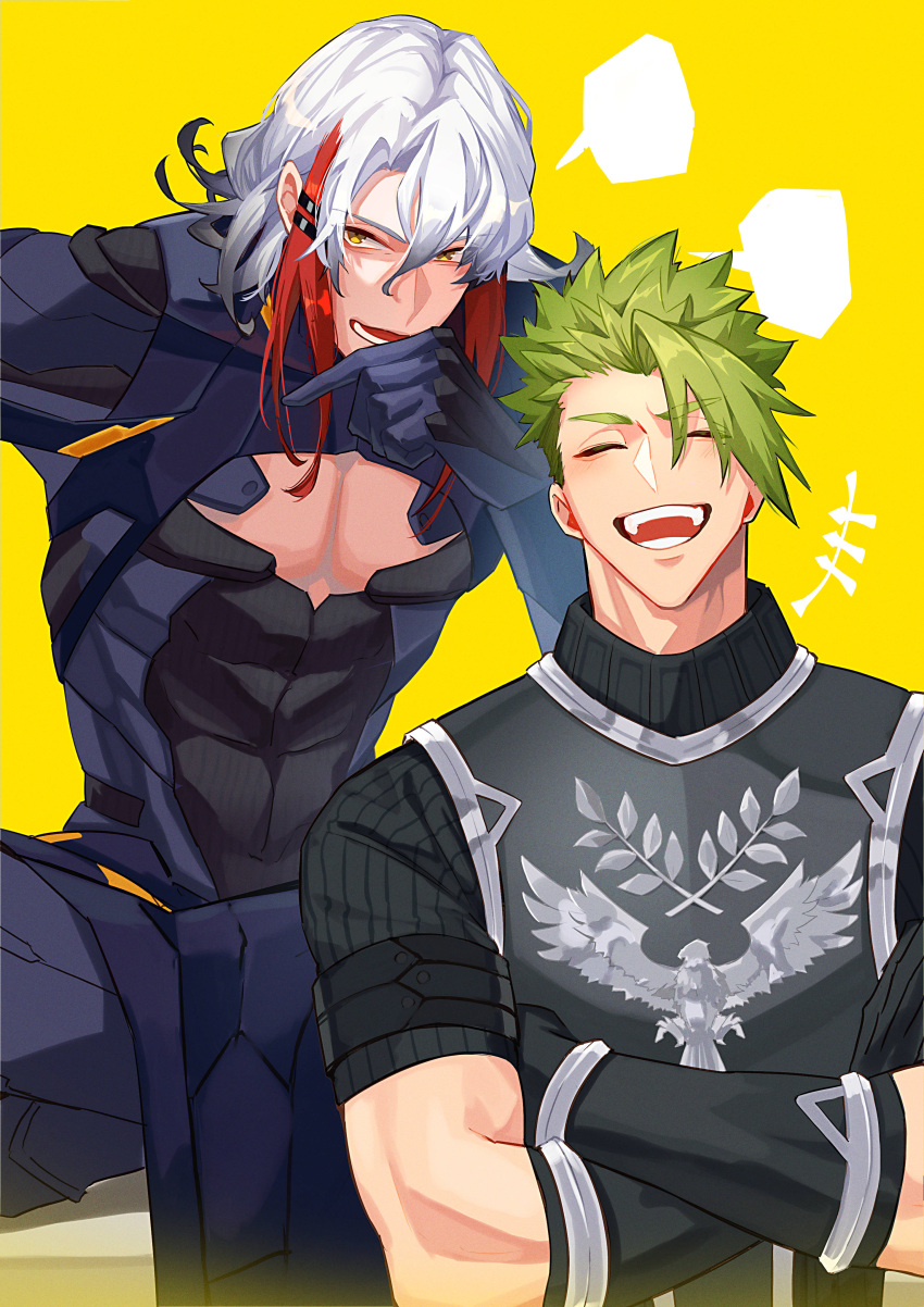 2boys absurdres achilles_(fate) armor black_shirt blank_speech_bubble brown_eyes closed_eyes commentary_request crossed_arms fate/grand_order fate_(series) green_hair grey_hair hair_between_eyes haruakira highres laughing male_focus multicolored_hair multiple_boys muscular muscular_male odysseus_(fate) pectoral_cleavage pectorals ribbed_shirt shirt short_sleeves speech_bubble streaked_hair teeth undercut yellow_background