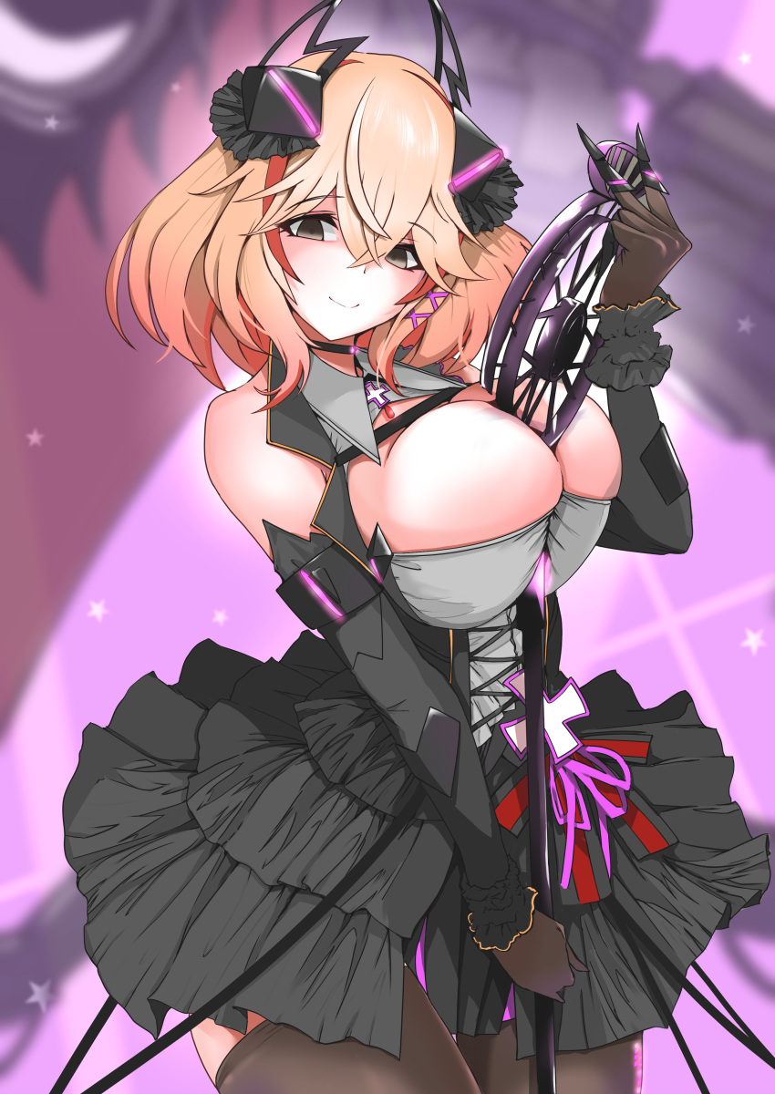 absurdres azur_lane between_breasts black_corset black_dress black_eyes black_thighhighs breasts brown_gloves cleavage corset cowboy_shot detached_sleeves dress female framed_breasts gloves hair_between_eyes headgear highres holding holding_microphone_stand huge_breasts layered_dress long_sleeves looking_at_viewer microphone microphone_stand multicolored_hair orange_hair p.i.t.d red_hair roon_(azur_lane) roon_(muse)_(azur_lane) short_dress streaked_hair thighhighs two-tone_hair vintage_microphone