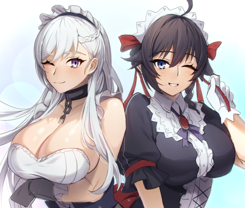 2girls ahoge apron azur_lane belfast_(azur_lane) black_hair blue_eyes braid breasts choker cleavage collarbone commentary_request commission crossover gloves hair_between_eyes highres large_breasts long_hair looking_at_viewer maid maid_headdress maitei_roppa multiple_girls pixiv_commission purple_eyes smile veronica_(x-overd) white_gloves white_hair x-overd