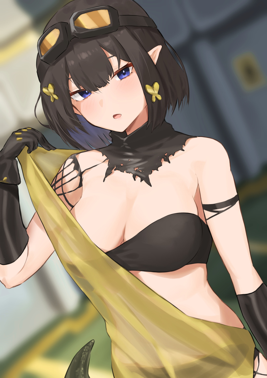 absurdres arknights bare_shoulders black_gloves blue_eyes blurry blurry_background breasts commentary dutch_angle eunectes_(arknights) eyewear_on_head female gloves highres looking_at_viewer pointy_ears solo tail torn_clothes upper_body user_urem3733