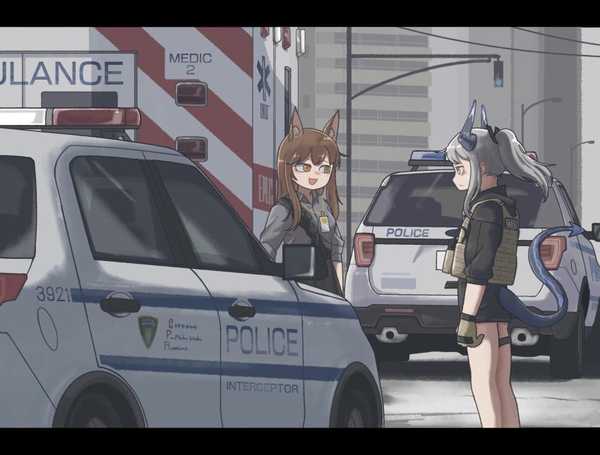 2girls ambulance animal_ear_fluff animal_ears arknights black_dress black_shorts black_skirt body_armor breasts brown_eyes brown_hair car cityscape closed_mouth dragon_girl dragon_horns dragon_tail dress ford ford_explorer fox_ears fox_girl fox_tail franka_(arknights) gloves goose_g3 grey_hair hair_ornament highres horns id_card jacket liskarm_(arknights) liskarm_(overload)_(arknights) long_hair miniskirt motor_vehicle multiple_girls open_mouth outdoors police_car scenery shorts skirt standing tail