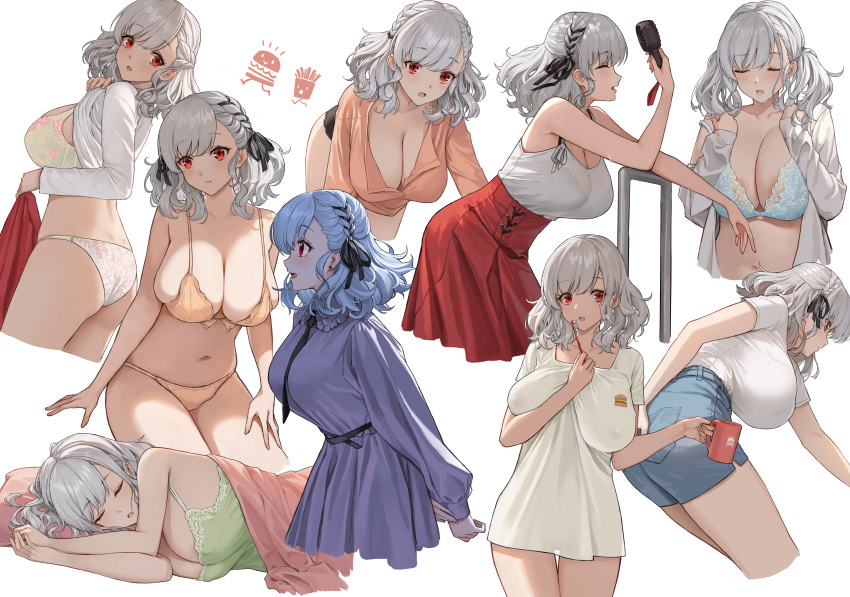 absurdres areola_slip ass bent_over black_bra black_necktie black_panties blue_bra blue_shorts bra braid breasts camisole cleavage closed_eyes closed_mouth clothes_pull collarbone covered_nipples cup dress earrings female fingernails from_side girls'_frontline green_bra green_camisole hair_ribbon hand_fan hands_up hanging_breasts high-waist_skirt highres holding holding_cup holding_fan holding_toothbrush jewelry large_breasts long_sleeves looking_at_viewer looking_back medium_hair multiple_views nail_polish navel necktie nipples off_shoulder open_clothes open_mouth open_shirt orange_bra orange_panties orange_shirt panties pillow pink_blanket pink_nails pink_pillow puffy_nipples red_eyes red_skirt ribbon sagging_breasts see-through see-through_shirt shirt shirt_pull shirt_tucked_in short_sleeves shorts skirt sleeping spas-12_(girls'_frontline) sweat terras toothbrush twintails underwear white_camisole white_dress white_hair white_panties