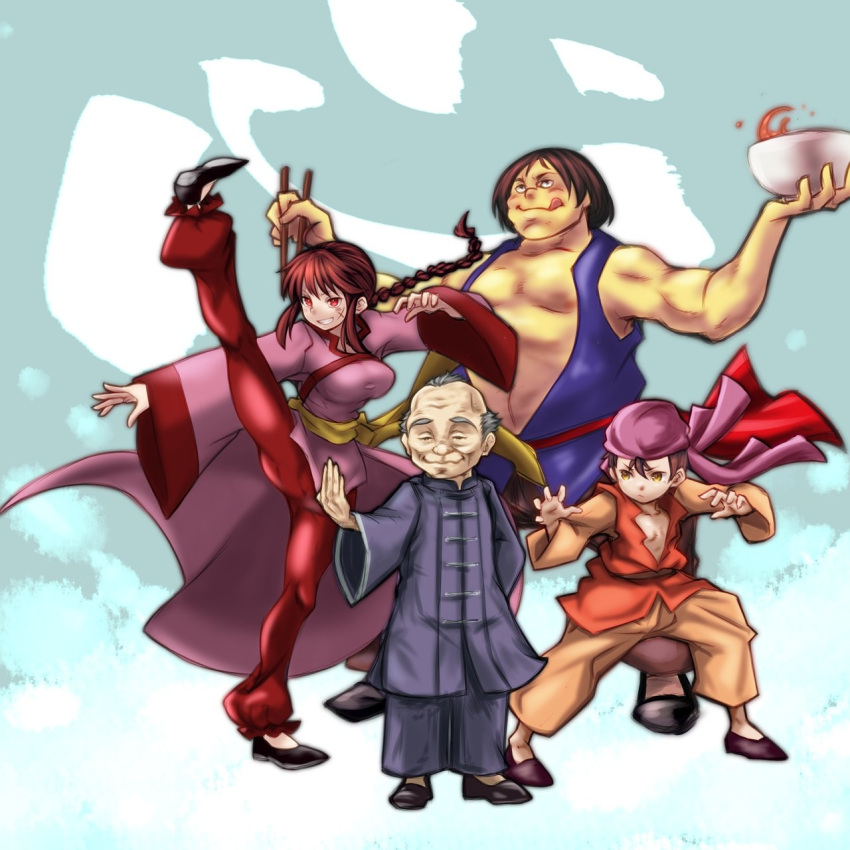 3boys bandana black_hair braid breasts brown_hair chinese_clothes closed_mouth female full_body grey_hair highres hong_hakka lei_kuugo live_a_live long_hair master_shinzanken multiple_boys old old_man puddinghomhom scar scar_on_face smile yun_jou