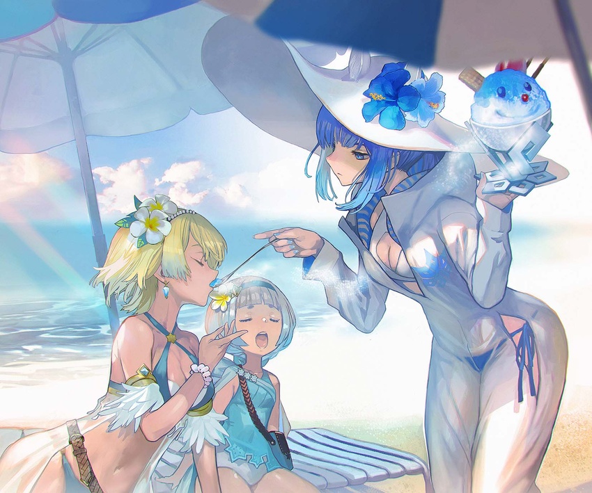 3girls arm_support armlet armpit_crease bag beach beach_umbrella bikini blonde_hair blue_bikini blue_eyes blue_flower blue_gemstone blue_hair blue_one-piece_swimsuit blunt_bangs blurry blurry_background bob_cut breasts chair cleavage closed_eyes cloud collarbone colored_tips commentary covered_navel earrings eyebrows_hidden_by_hair facing_another feathers feeding fire_emblem fire_emblem_heroes fjorm_(fire_emblem) fjorm_(summer)_(fire_emblem) flat_chest flower food food_with_face gem hair_flower hair_ornament hairband half-closed_eyes halterneck handbag hat hat_flower hibiscus highres holding holding_food holding_ice_cream holding_spoon ice_cream jewelry large_hat leaning_forward looking_at_another lounge_chair maeshima_shigeki medium_breasts multicolored_flower multicolored_hair multiple_girls navel nifl_(fire_emblem) nifl_(summer)_(fire_emblem) ocean official_alternate_costume one-piece_swimsuit open_mouth plumeria profile sarong see-through short_hair_with_long_locks sidelocks spoon string_bikini swimsuit thighs umbrella w_arms white_flower white_hair white_headwear wide_hips wristband yellow_flower ylgr_(fire_emblem) ylgr_(summer)_(fire_emblem)