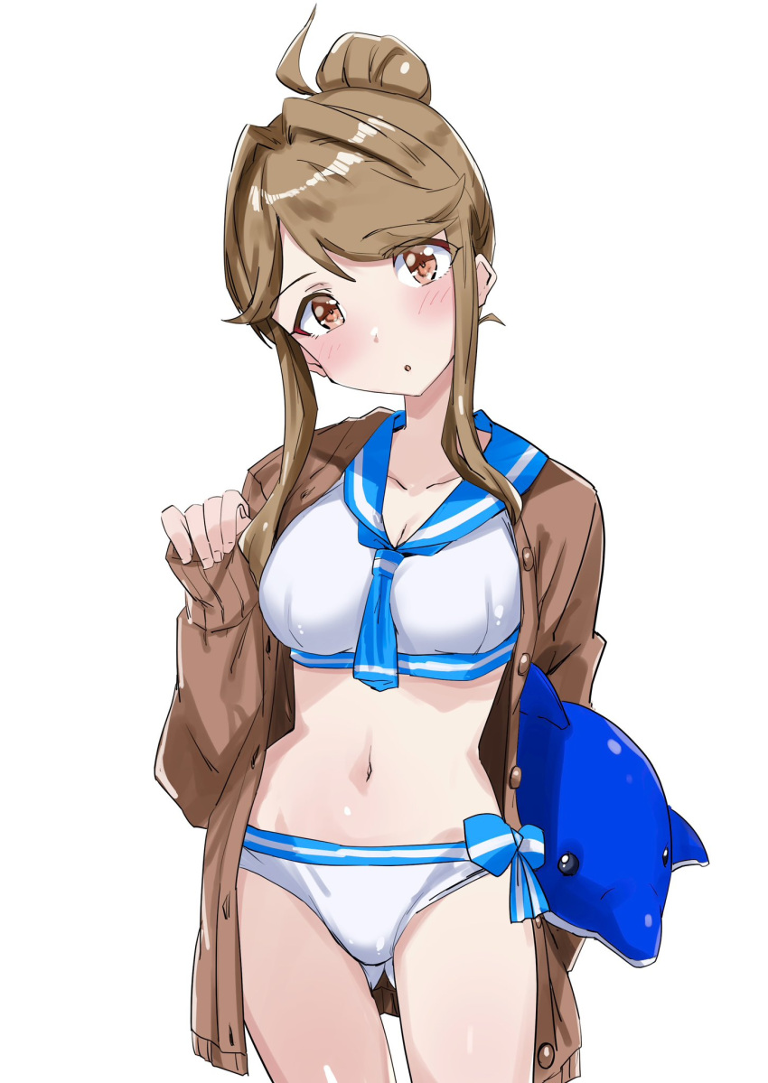 :o ahoge ass_visible_through_thighs bikini blue_bow blue_neckerchief blue_sailor_collar blush bow breasts brown_cardigan brown_eyes brown_hair cardigan commentary cowboy_shot female hair_bun hand_up highres idolmaster idolmaster_million_live! inflatable_dolphin inflatable_toy long_hair long_sleeves looking_at_viewer navel neckerchief open_cardigan open_clothes sailor_collar sidelocks solo stomach swimsuit takahiro_(crimson_bolt) tenkubashi_tomoka thighs white_background white_bikini