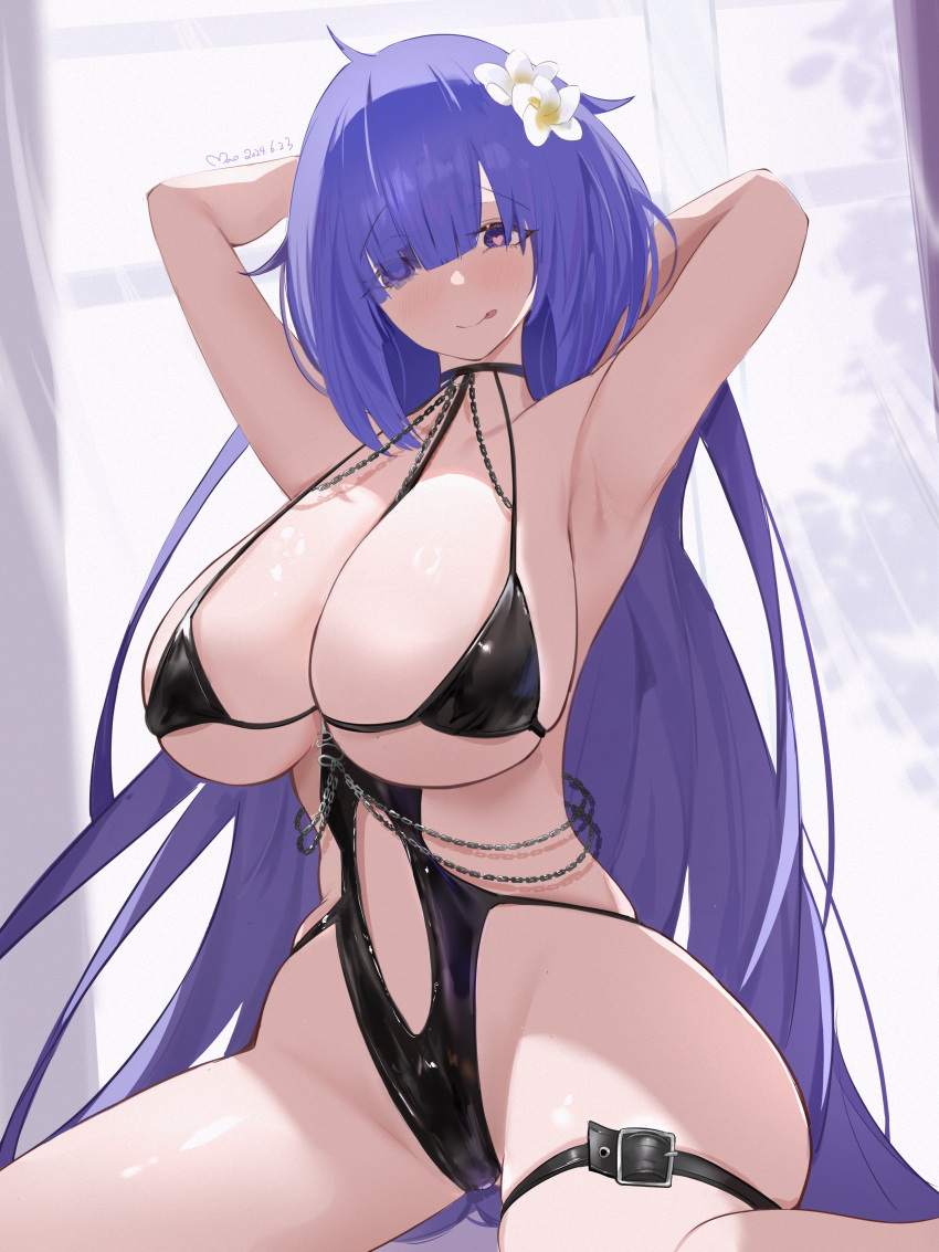 2024 absurdres armpits arms_behind_head artist_name azur_lane bare_shoulders black_one-piece_swimsuit breast_strap clothing_cutout commentary female flower hair_flower hair_ornament hair_over_one_eye heart heart-shaped_pupils highres leather_bikini long_hair looking_at_viewer mogador_(azur_lane) mogador_(locker_room_lechery)_(azur_lane) navel_cutout official_alternate_costume one-piece_swimsuit purple_hair qkun solo swimsuit symbol-shaped_pupils thigh_strap tongue tongue_out very_long_hair white_flower