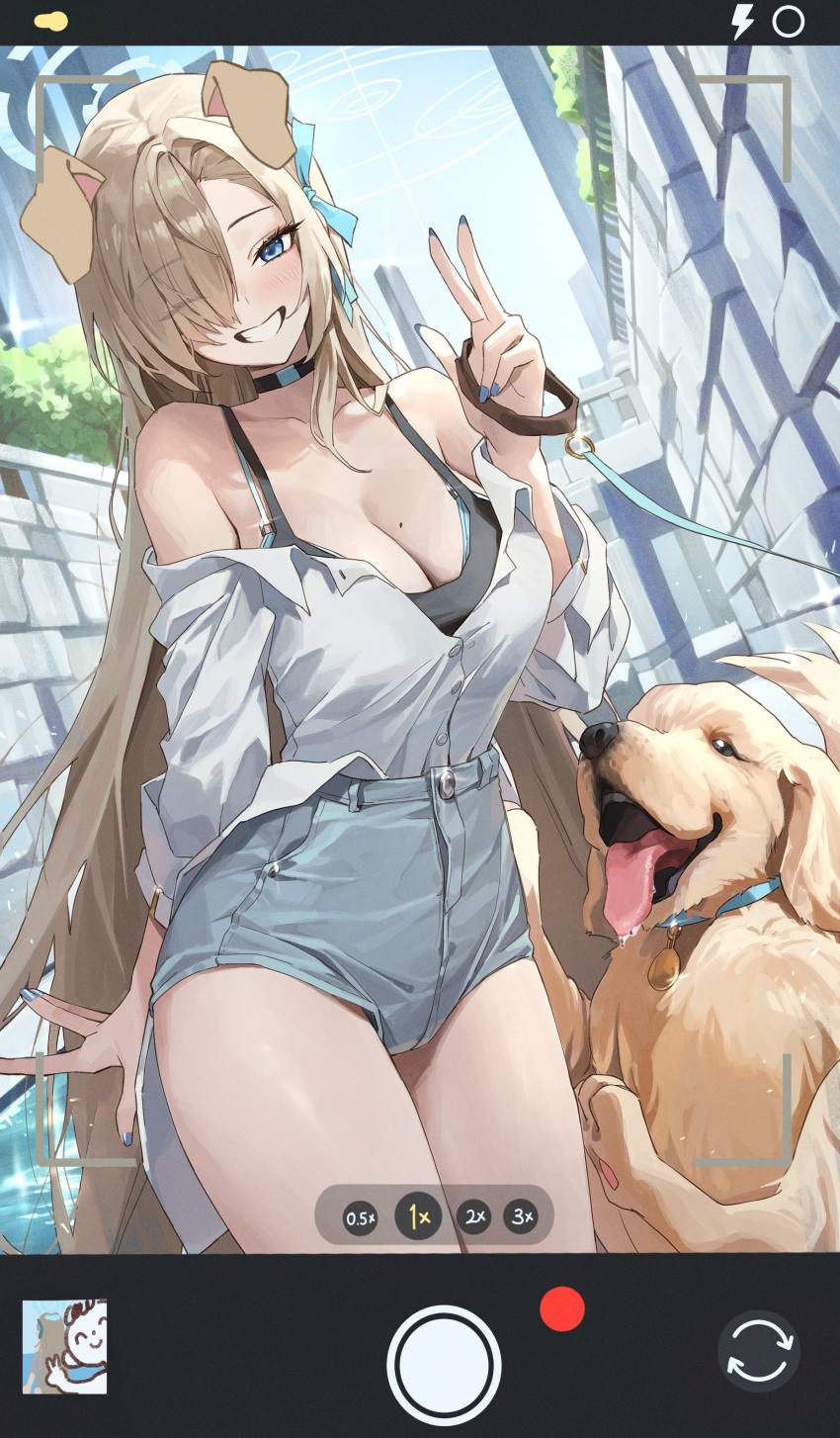 absurdres alternate_costume asuna_(blue_archive) blue_archive blue_eyes blue_ribbon blush breasts canine cellphone_photo female golden_retriever grin hair_over_one_eye hair_ribbon halo highres large_breasts light_brown_hair long_hair looking_at_viewer netural ribbon smile very_long_hair