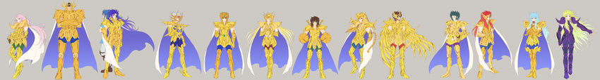 6+boys absurdres aquarius_camus aries_muu aries_shion armor black_eyes black_hair blonde_hair blue_eyes blue_hair brown_hair cancer_death_mask cape capricorn_shura closed_eyes commentary_request crossed_arms flower gemini_kanon gemini_saga gold_armor gold_saint green_eyes green_hair grey_background helmet highres leo_aiolia libra_douko long_hair multiple_boys pink_hair pisces_aphrodite red_eyes red_hair rose sagittarius_aioros saint_seiya scorpio_milo shiho_(pixiv) short_hair simple_background taurus_aldebaran virgo_shaka white_hair wide_image