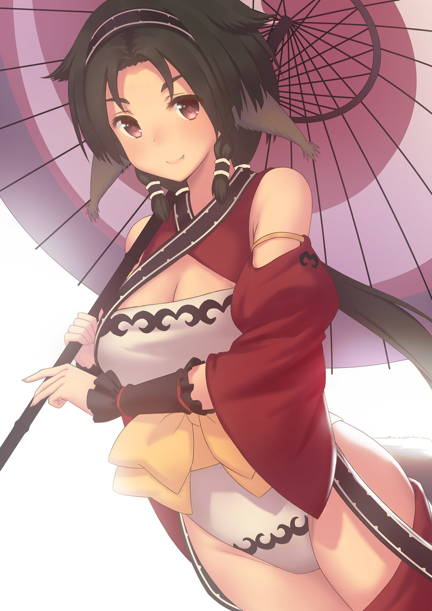 animal_ears armlet bangs bare_shoulders black_hair braid breasts cis_(utawarerumono) cleavage closed_mouth cowboy_shot detached_sleeves dutch_angle fang_out fingernails frills fukuro_ko_(greentea) hair_flaps hair_tubes hairband highres holding holding_umbrella japanese_clothes leotard long_fingernails long_hair looking_at_viewer medium_breasts oerba_yun_fang oriental_umbrella parted_bangs red_eyes red_legwear sash simple_background smile solo tail twin_braids umbrella utawareru_mono utawareru_mono:_itsuwari_no_kamen white_background wide_sleeves wristband