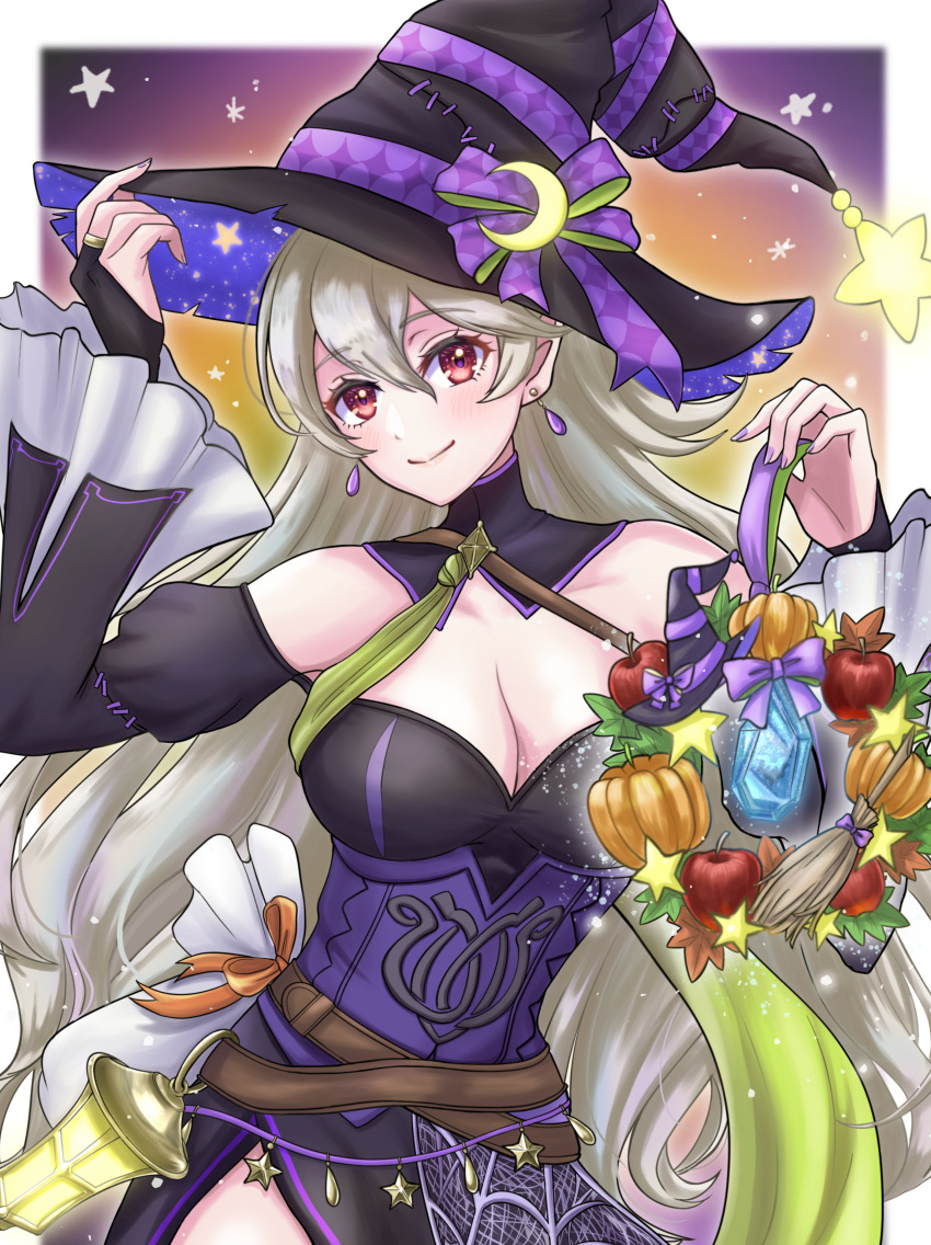 absurdres bare_shoulders belt black_dress black_hat blush breasts brown_belt cleavage commentary corrin_(female)_(fire_emblem) corrin_(female)_(halloween)_(fire_emblem) corrin_(fire_emblem) crossed_belts detached_sleeves dress earrings english_commentary female fingernails fire_emblem fire_emblem_fates fire_emblem_heroes grey_hair hair_between_eyes halloween halloween_costume hat highres jewelry kousetu0506 long_hair looking_at_viewer medium_breasts official_alternate_costume pointy_ears purple_nails red_eyes smile solo witch witch_hat