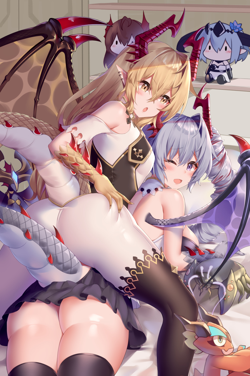 2girls 2others absurdres argente_purest_silver_(shadowverse) ass back bare_shoulders blonde_hair blush breasts chibi collar detached_collar digifriend draconir_(shadowverse_flame) dragon_girl dragon_horns dragon_tail dragon_wings drill_hair feet_out_of_frame filene_(shadowverse) forte_(shingeki_no_bahamut) from_behind grey_hair hair_between_eyes highres horns long_hair looking_at_another looking_at_viewer looking_back lumiore_prestigious_gold_(shadowverse) lying miniskirt monster_girl multicolored_hair multiple_girls multiple_horns multiple_others on_bed one_eye_closed open_mouth pantyhose pleated_skirt pointy_ears presenting purple_eyes red_hair scales shadowverse shadowverse_flame shelf shingeki_no_bahamut shirt siblings sisters skirt smile spread_legs tail take_your_pick thick_thighs thighs watchdog_rol_(y1104280730) white_shirt wings yellow_eyes