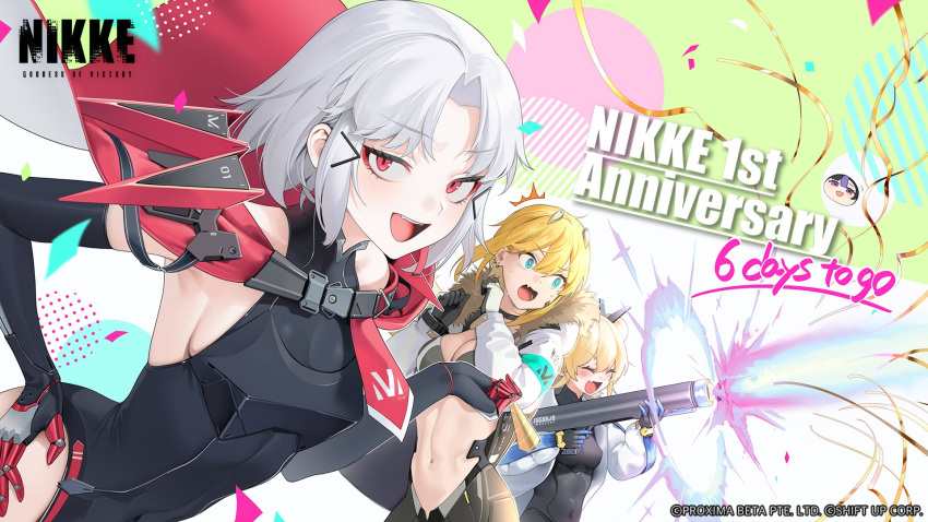 3girls black_leotard blonde_hair blue_eyes breasts cleavage closed_mouth confetti countdown drake_(nikke) elbow_gloves energy_cannon gloves goddess_of_victory:_nikke hand_on_own_hip highres holding holding_weapon laplace_(nikke) leotard looking_at_viewer matis_(nikke) maxwell_(mechanic_white)_(nikke) maxwell_(nikke) medium_breasts multiple_girls official_art ohisashiburi open_mouth red_eyes second-party_source short_hair sideboob smile surprised syuen_(nikke) weapon white_hair