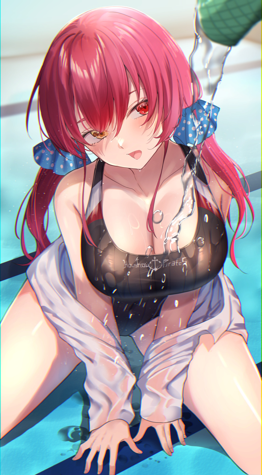 absurdres bare_shoulders black_one-piece_swimsuit blue_scrunchie blush breasts cleavage collarbone competition_swimsuit female hair_between_eyes hair_ornament hair_scrunchie heterochromia highleg highleg_swimsuit highres hololive houshou_marine kairi_(miry666) large_breasts long_hair looking_at_viewer off_shoulder one-piece_swimsuit open_mouth pov red_eyes red_hair scrunchie see-through see-through_shirt shirt solo swimsuit thighs virtual_youtuber white_shirt yellow_eyes