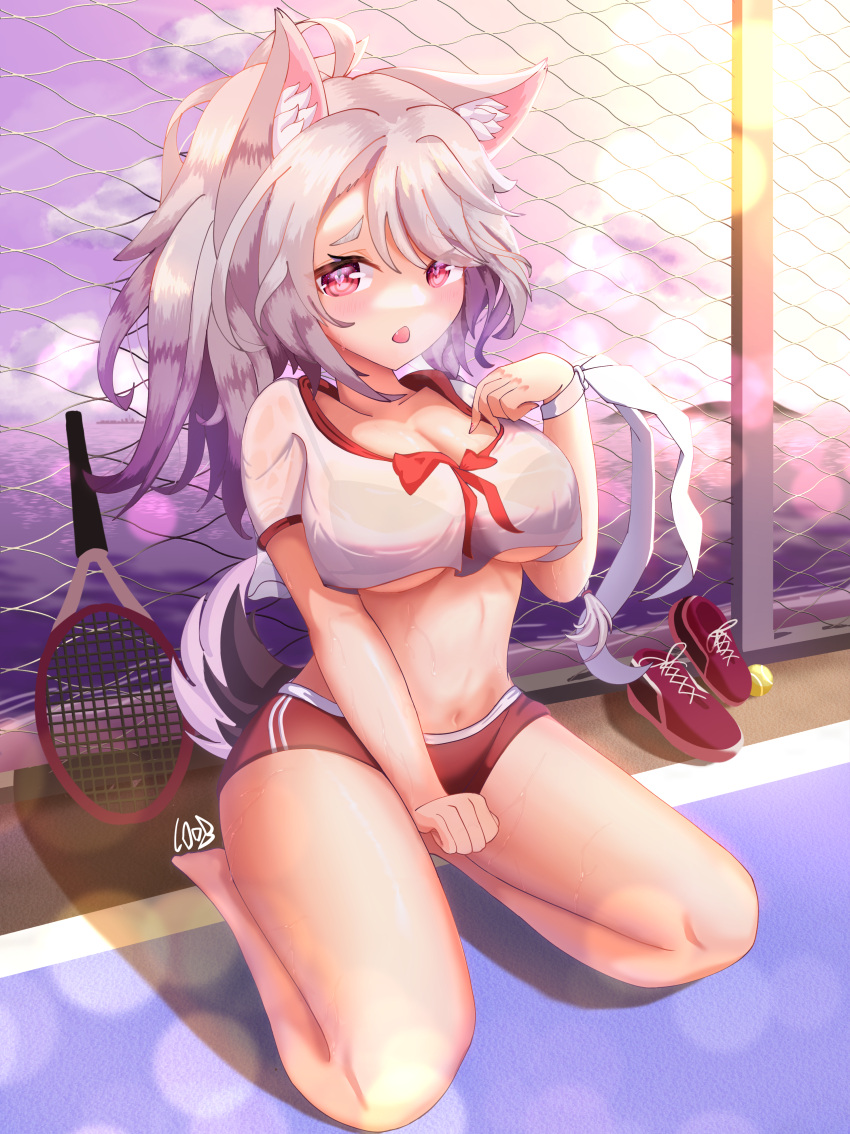 absurdres animal_ear_fluff animal_ears azur_lane breasts chain-link_fence chestnut_mouth cleavage crop_top female fence heart heart-shaped_pupils highres large_breasts long_hair loob midriff oerba_yun_fang racket red_eyes seiza shoes shorts signature sitting solo sweat symbol-shaped_pupils tail tennis_court tennis_racket underboob unworn_shoes wolf_ears wolf_girl wolf_tail yuudachi_(azur_lane)