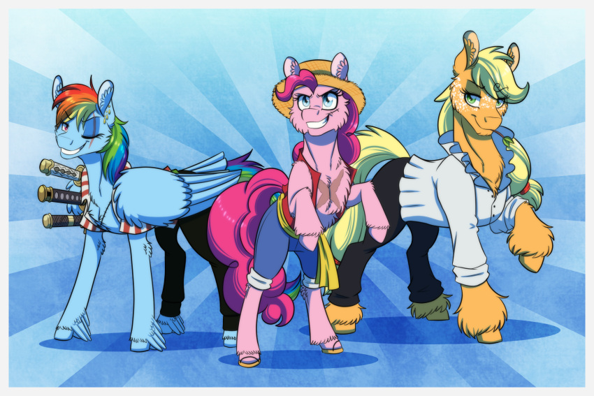 applejack_(mlp) blonde_hair blue_body blue_eyes blue_fur border clothing earth_pony equid equine eye_scar facial_scar female feral fetlocks freckles friendship_is_magic fur group hair hasbro hi_res horse inuhoshi-to-darkpen mammal melee_weapon monkey_d._luffy multicolored_hair my_little_pony mythological_creature mythological_equine mythology one_piece pegasus pink_body pink_fur pink_hair pinkie_pie_(mlp) pony quadruped rainbow_dash_(mlp) rainbow_hair sanji_(one_piece) scar sword tan_body tan_fur trip_(disambiguation) weapon white_border wings zoro_(one_piece)