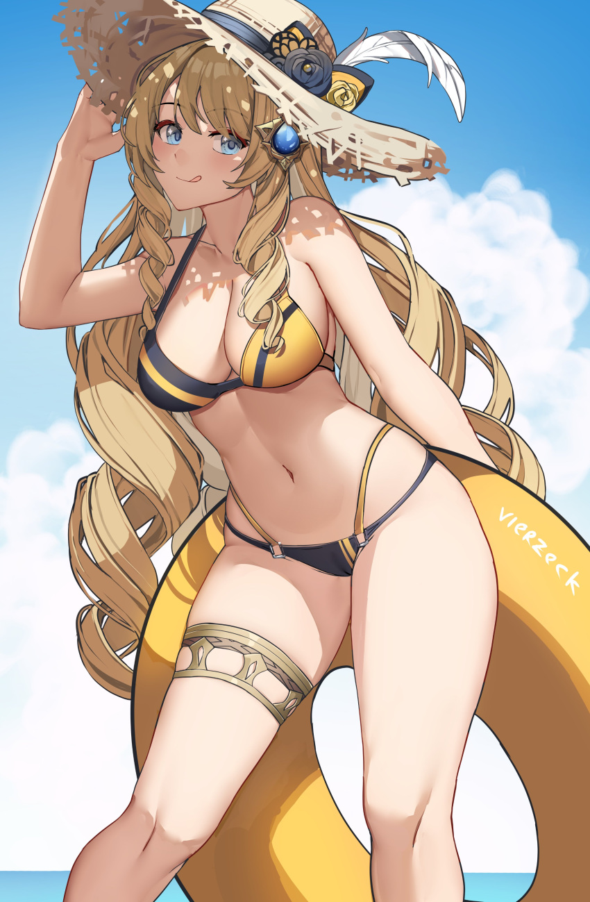 :p absurdres banned_artist bikini blonde_hair blue_eyes breasts drill_hair female genshin_impact hat highres holding holding_innertube innertube large_breasts long_hair navia_(genshin_impact) solo swimsuit thighlet tongue tongue_out twin_drills very_long_hair vierzeck yellow_bikini yellow_innertube